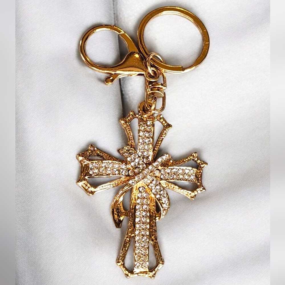 CROSS Gold Keychain & Bag Charm With Rhinestones